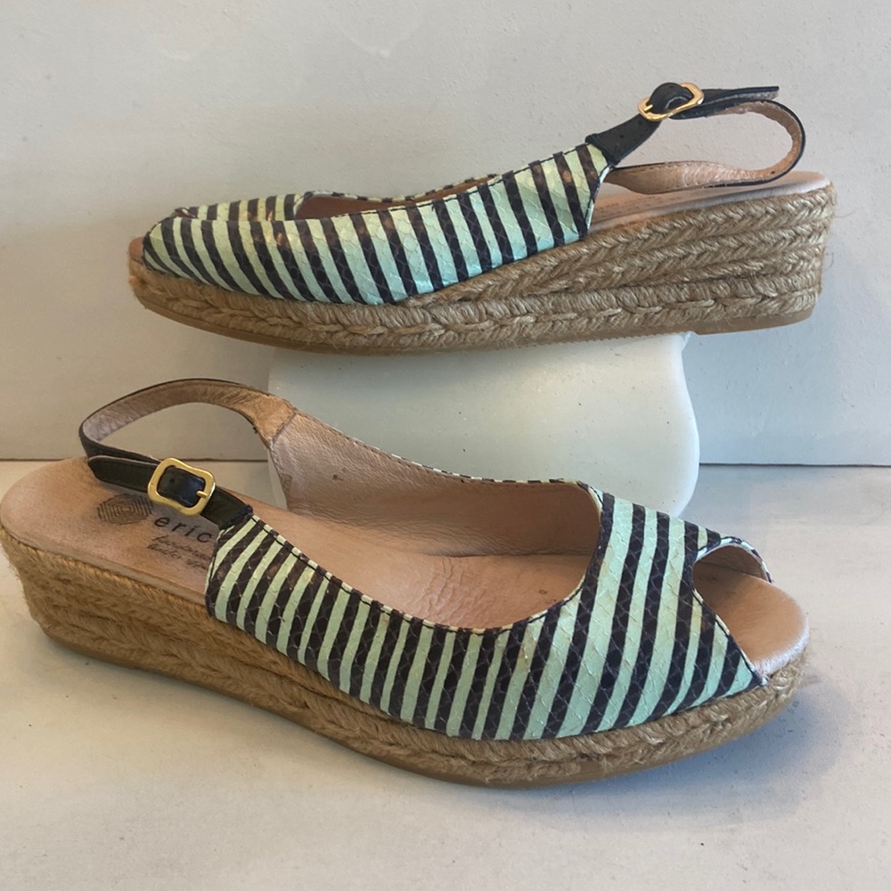 Eric Michael leather wedge rope detail mint green black striped sling back